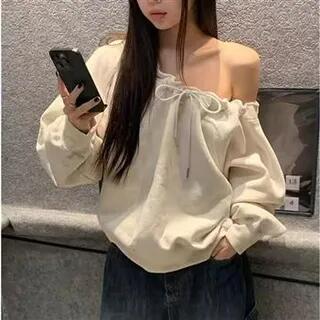 One-Shoulder Plain Long-Sleeve Drawstring Sweatshirt Off-White