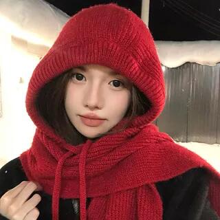 Plain Knit Hooded Scarf Red