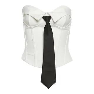 Tie Front Plain Crop Corset Top High Waist Wide Leg Dress Pants – Top – White