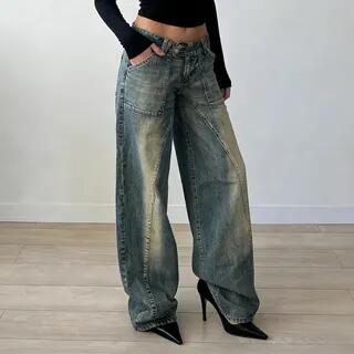 Low Waist Washed Loose-Fit Wide-Leg Jeans Blue