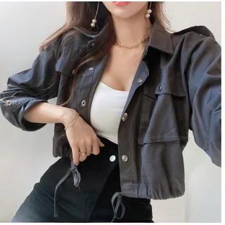 Plain Drawstring Button-Up Shirt Jacket White