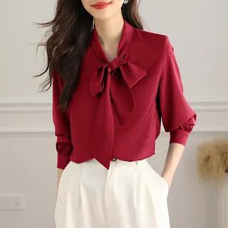 Long-Sleeve Tie Neck Plain Blouse Red