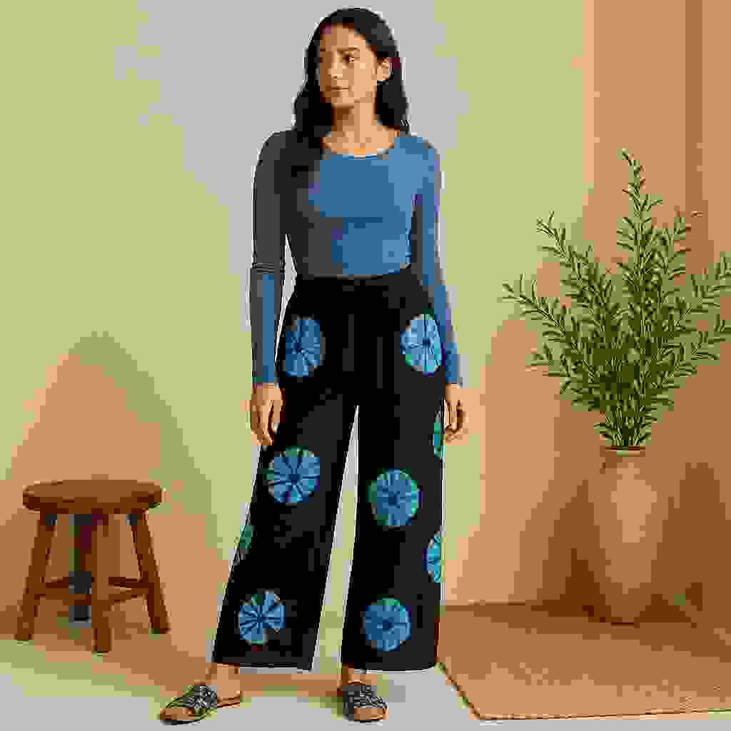 Japanese Shibori Tie-Dye Wide-Leg Lounge Pants, BlackAqua