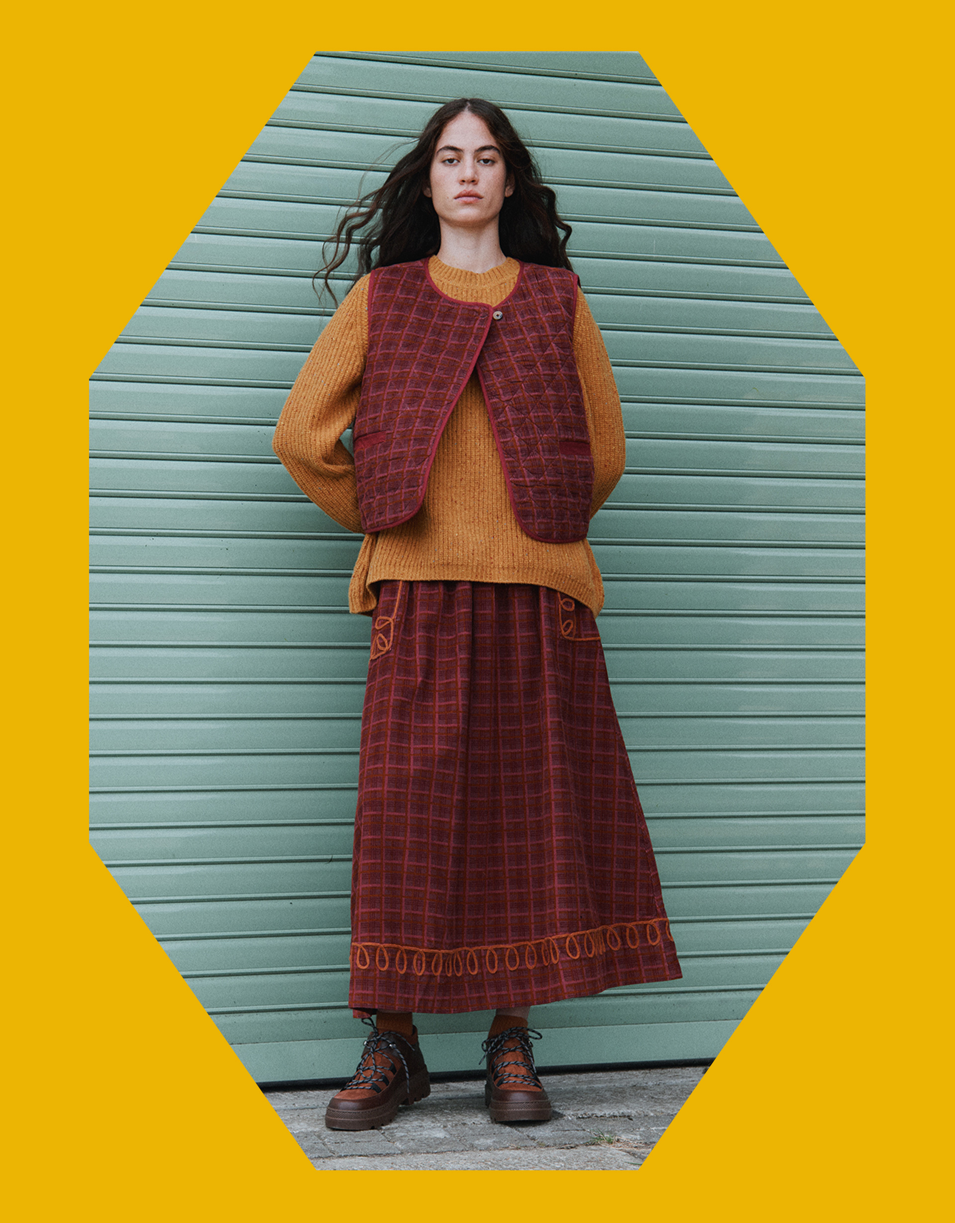 East Karina Check Corduroy Quilted Gilet Orange