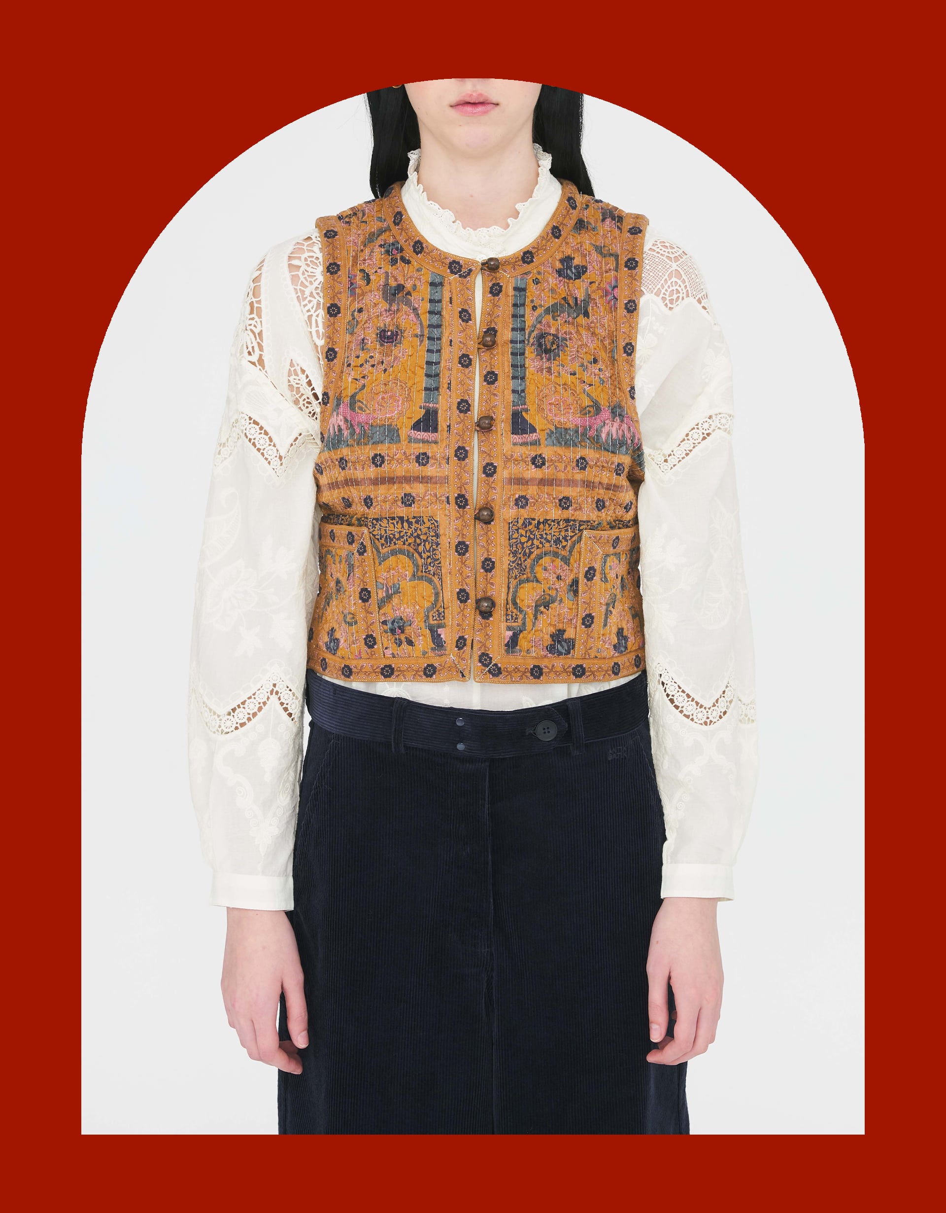 Antik Batik Pie Printed Jacquard Waistcoat Camel