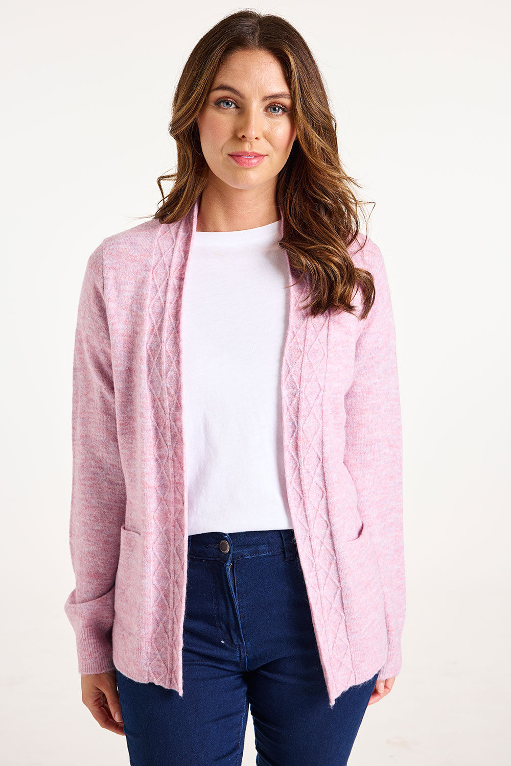 Bonmarche Pink Cable Knit Edge to Edge Cardigan, Size:
