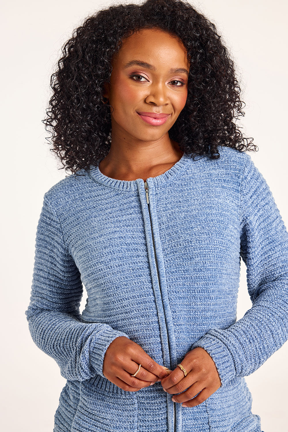 Bonmarche Denim Chenille Ribbed Zip Through Cardigan, Size: