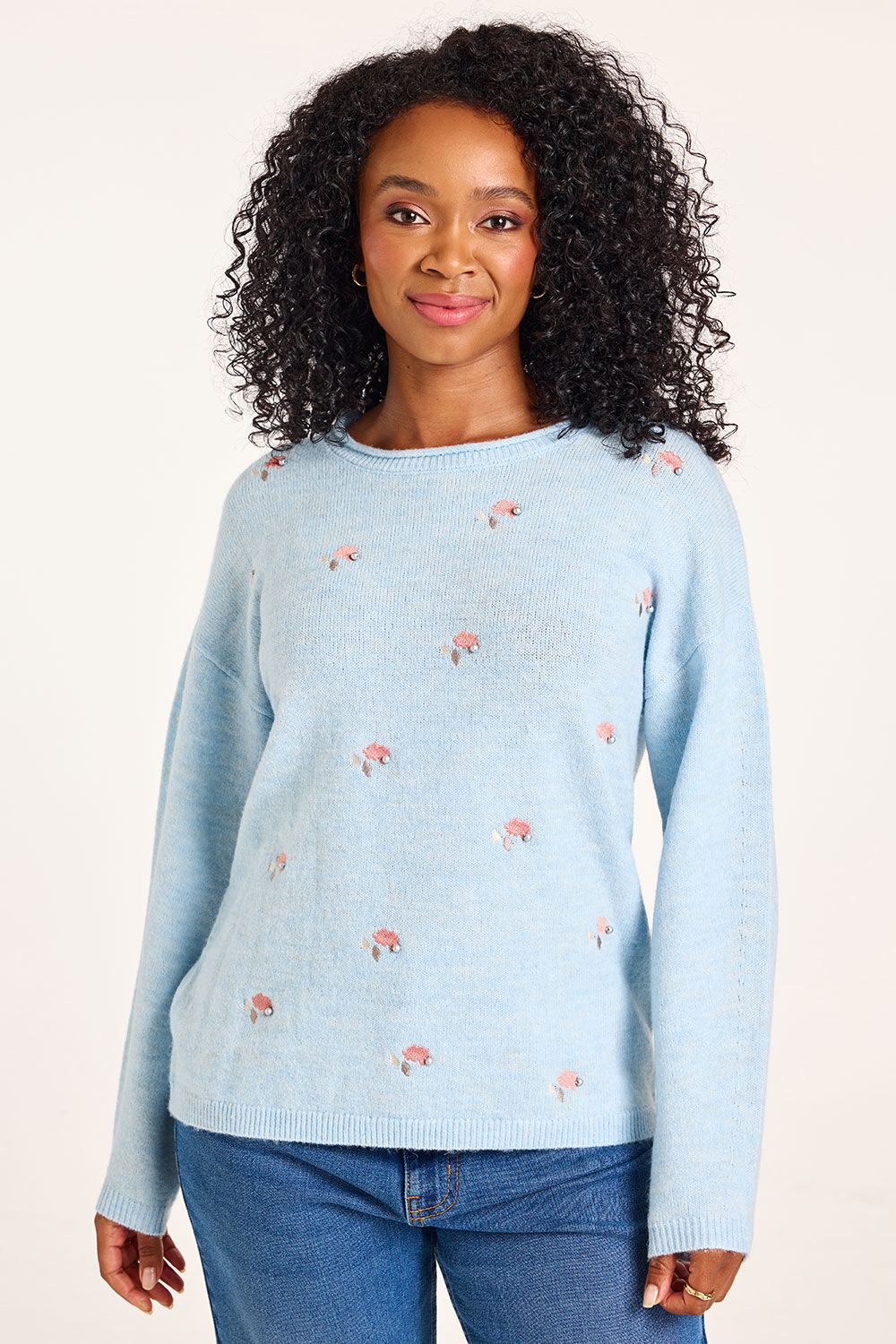 Bonmarche Blue Rose Embroidered Bead Jumper, Size: