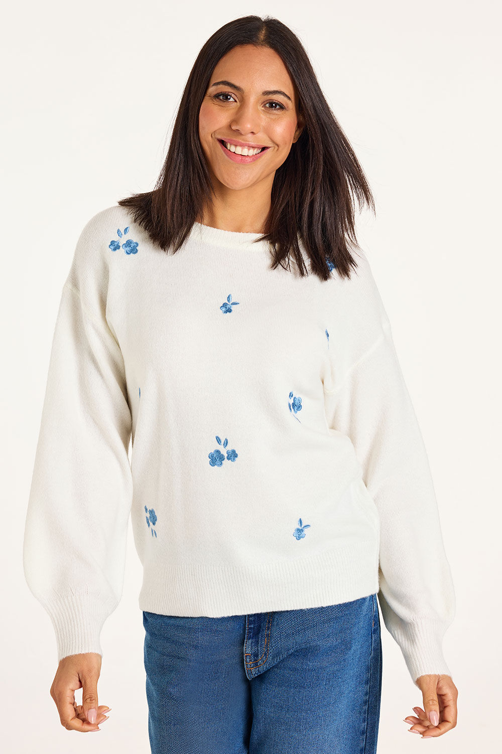 Bonmarche Ivory Embroidered Floral Jumper, Size: