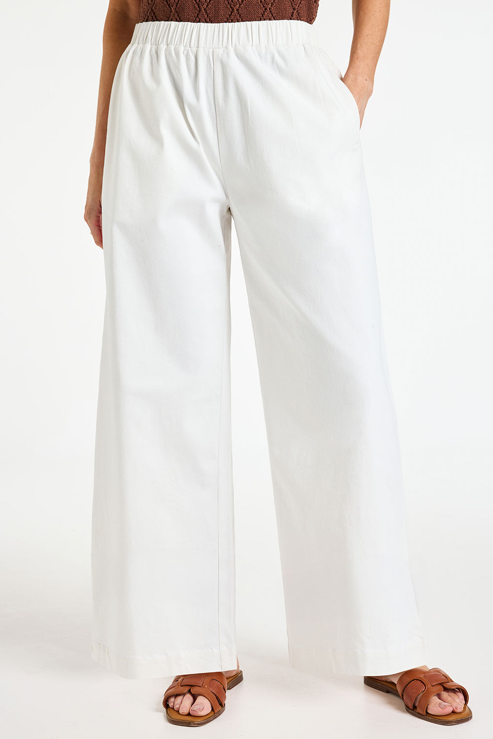 Bonmarche White Twill Wide Leg Trousers, Size: