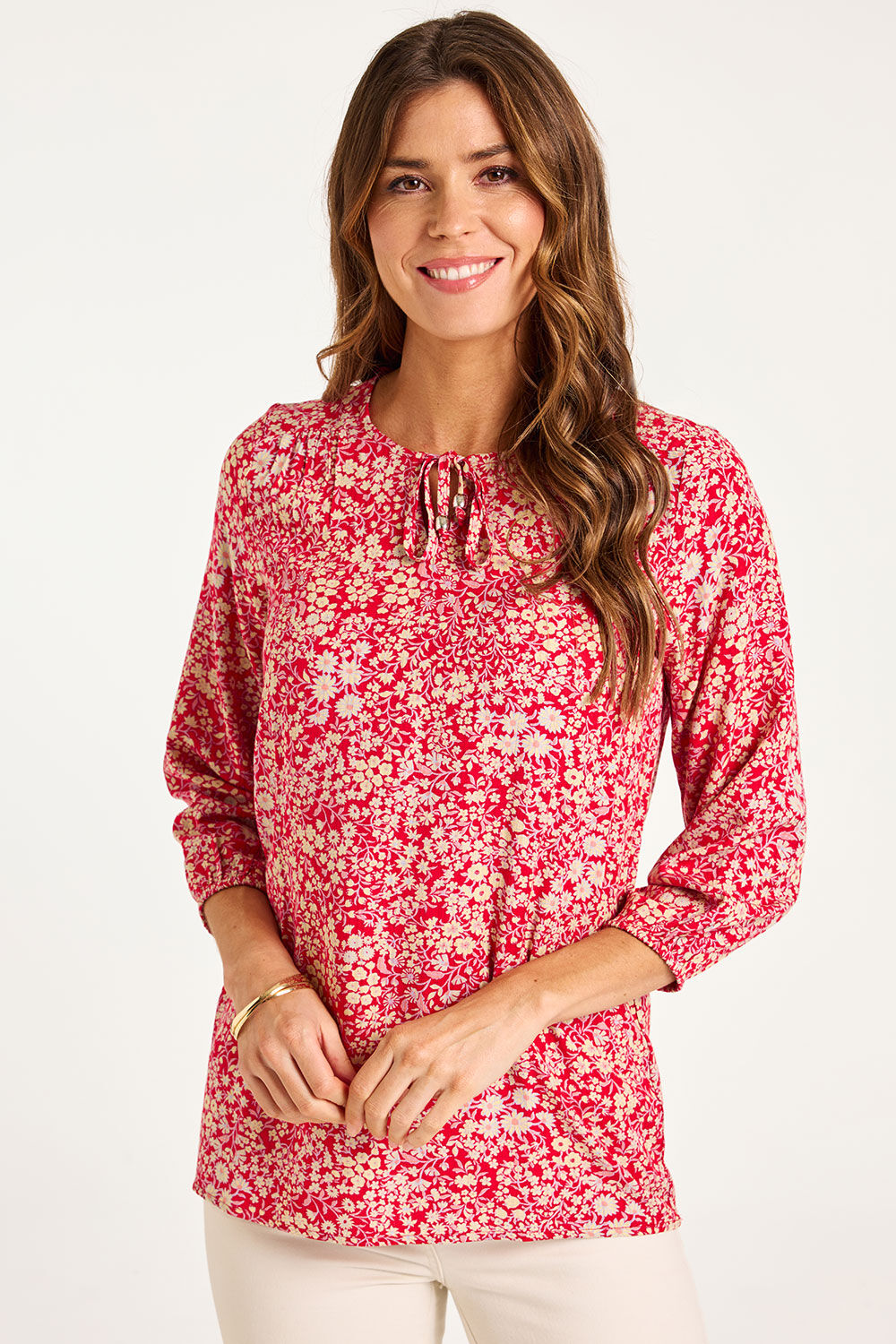 Bonmarche Red Ditsy Print Tie Neck Blouse With Sleeves, Size: