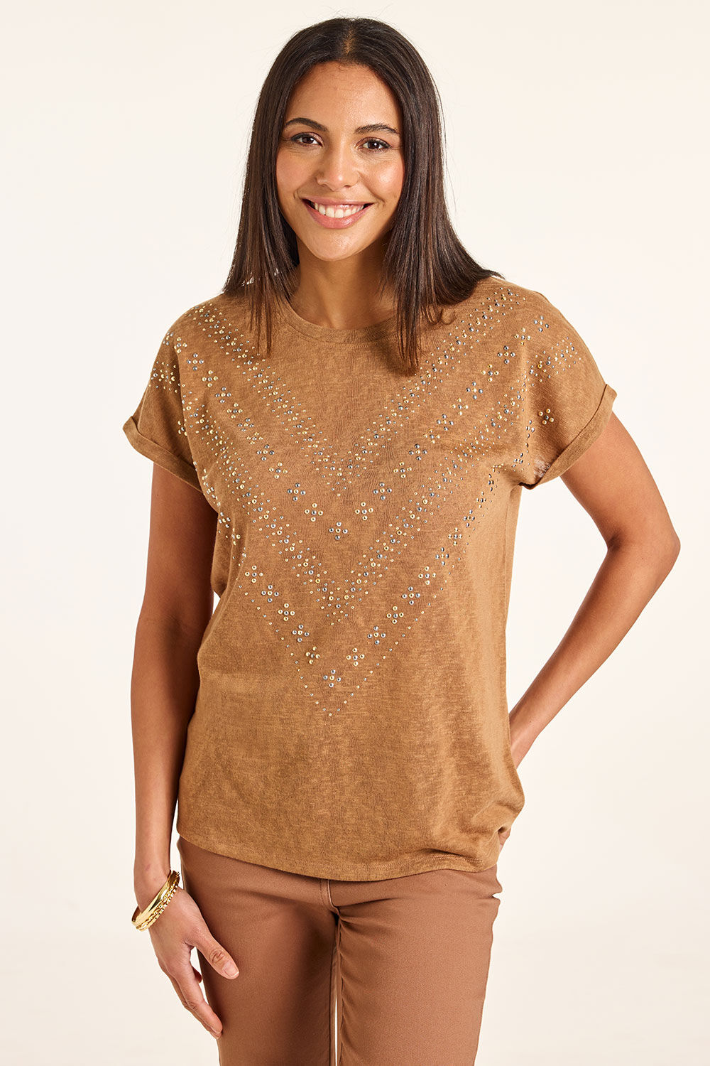 Bonmarche Brown Stud Front Linen Look shirt, Size: