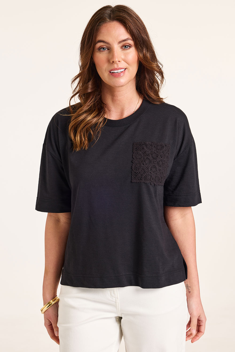 Bonmarche Black Crochet Pocket Boxy shirt, Size: