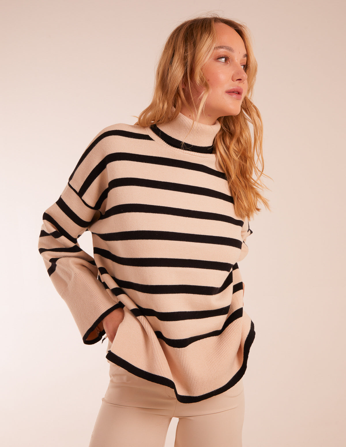 Wide Stripe Roll Neck Jumper – M STONE