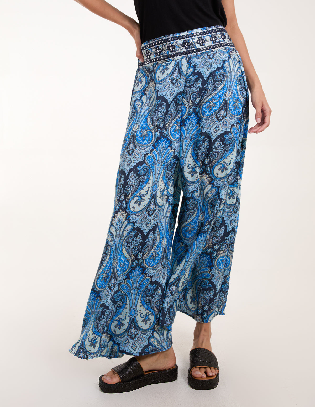 Embellished Waist Wide Leg Trousers – M NAVY