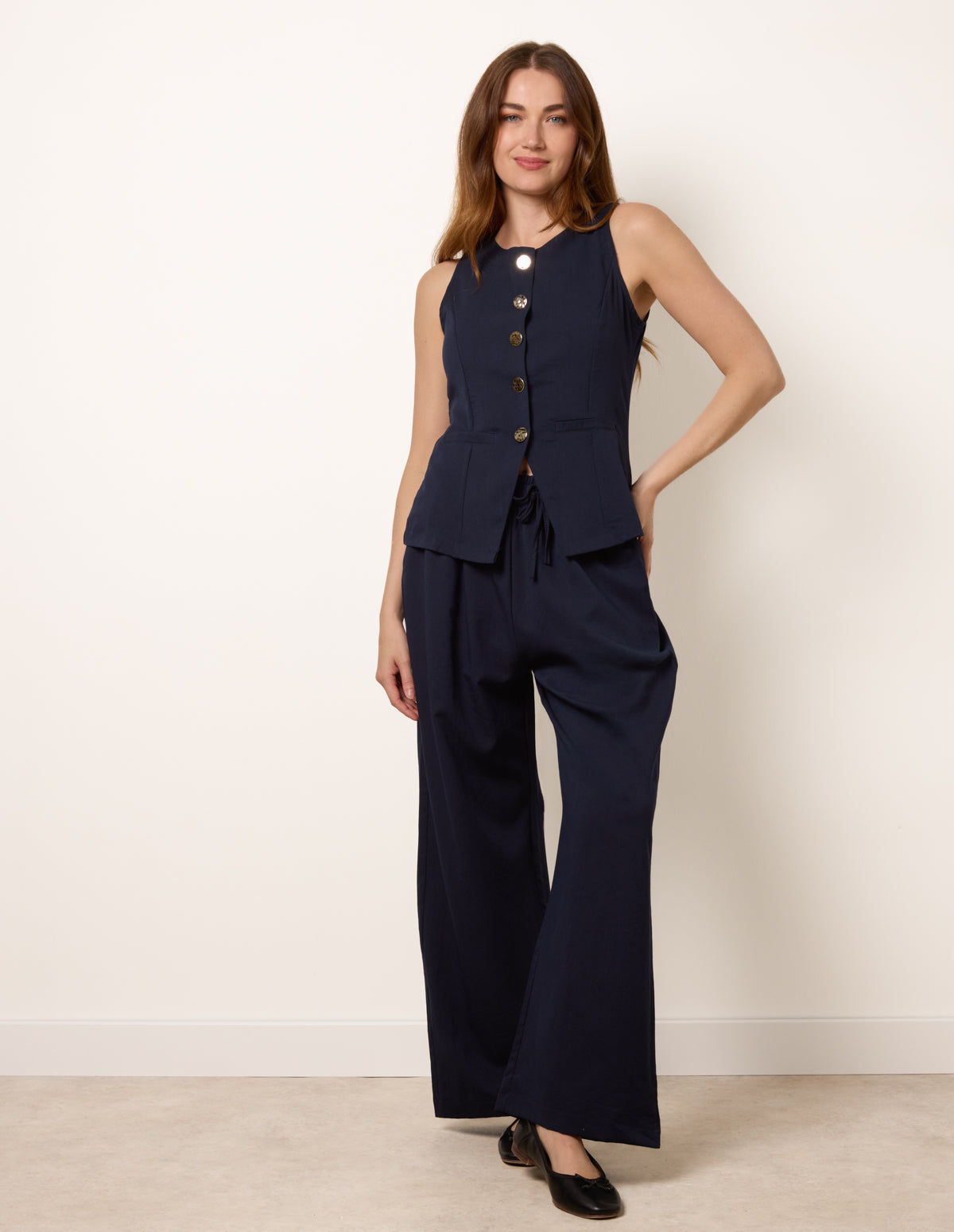 Round Neck Button Through Vest & Trouser Set – M NAVY