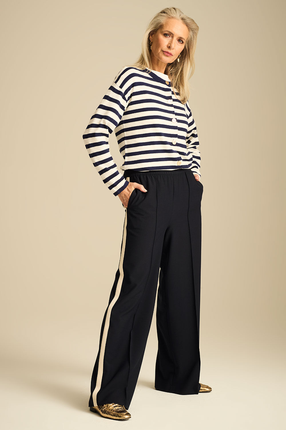 Bonmarche Navy Stripe Gold Button Detail Cardigan, Size: