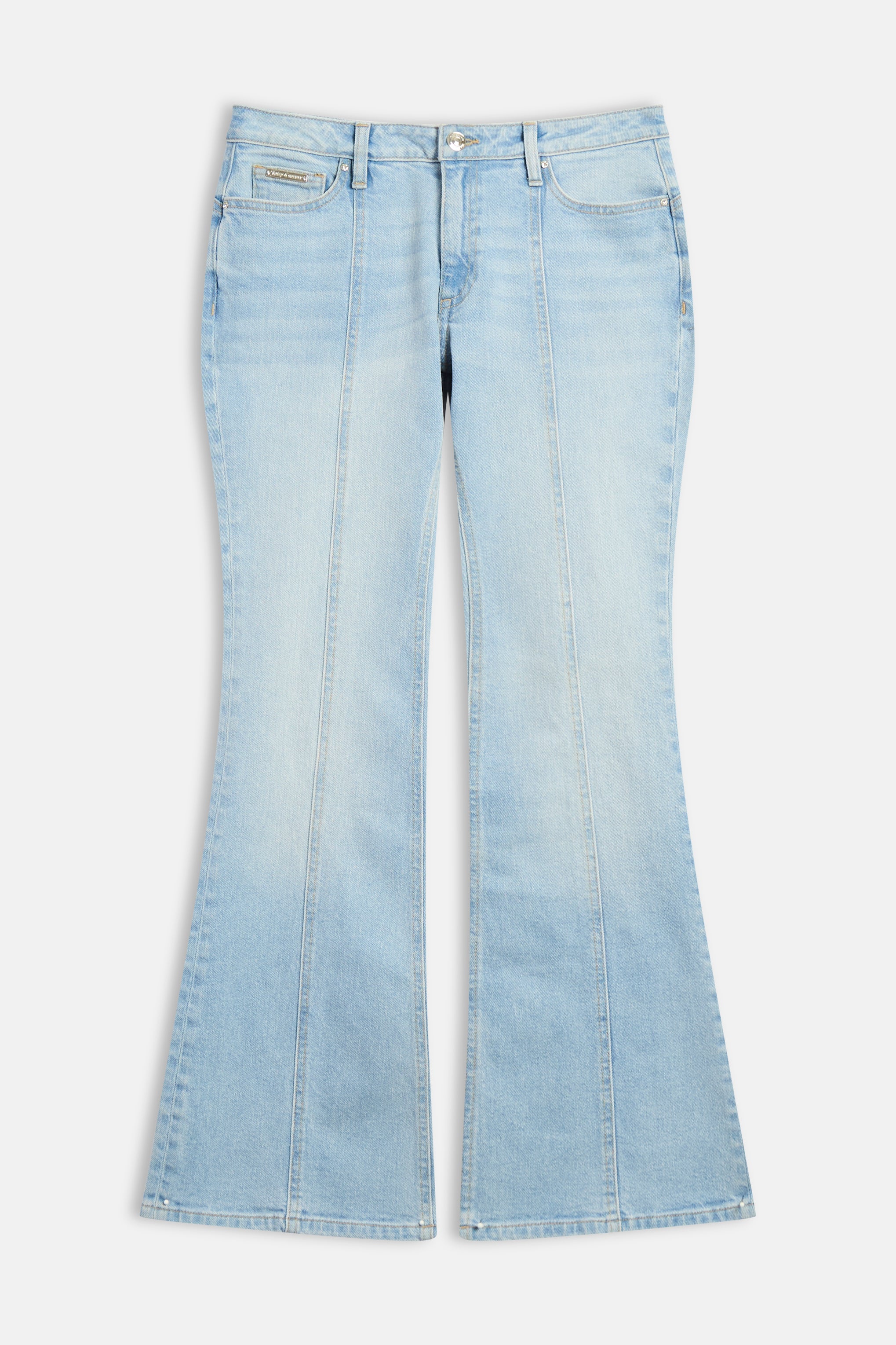 LIGHT WASH DENIM CROSS DETAIL FLARED JEANS – L Blue