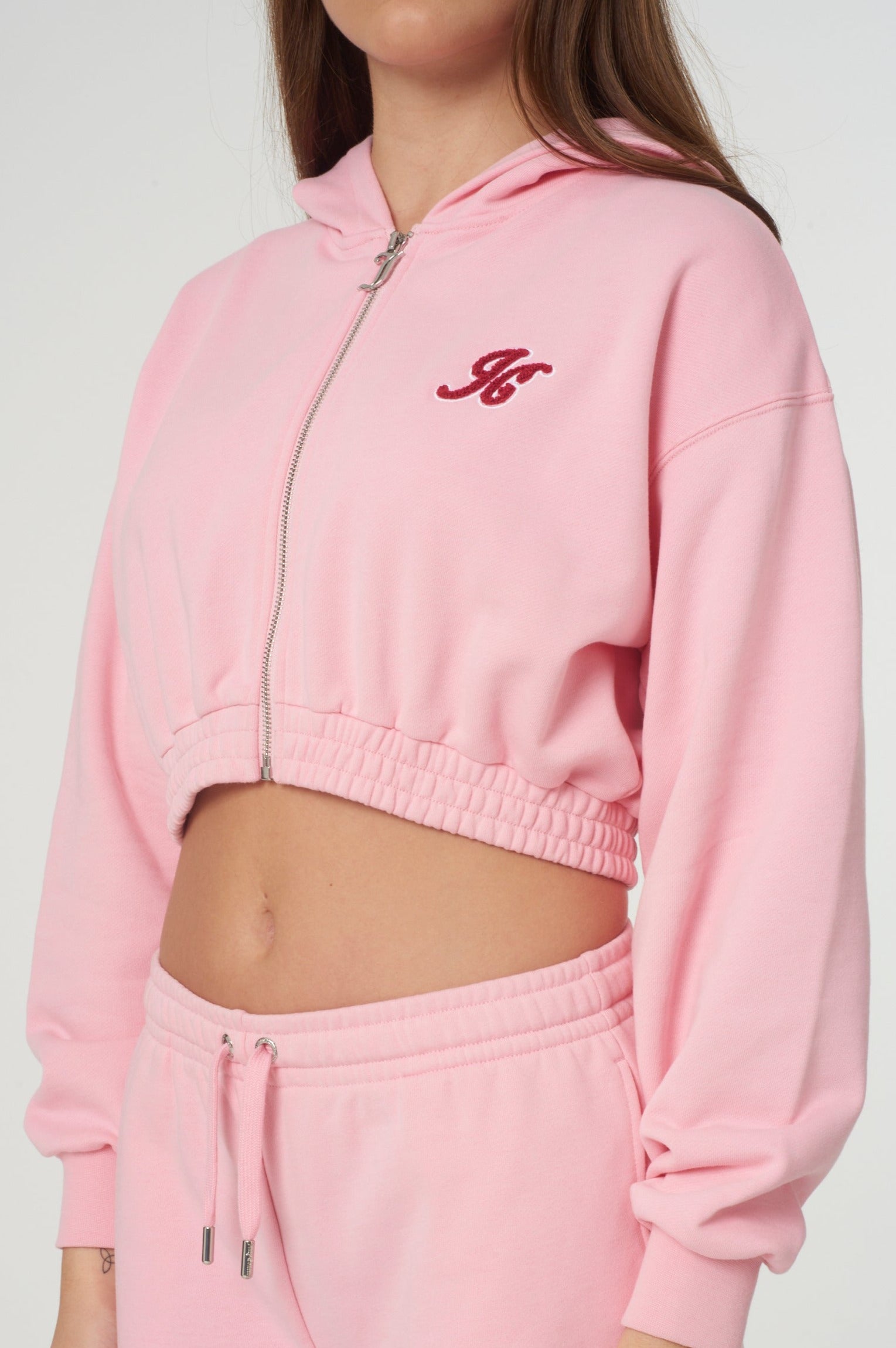 JUICY PINK CROPPED LOOSE FIT RETRO LOGO HOODIE – X Pink
