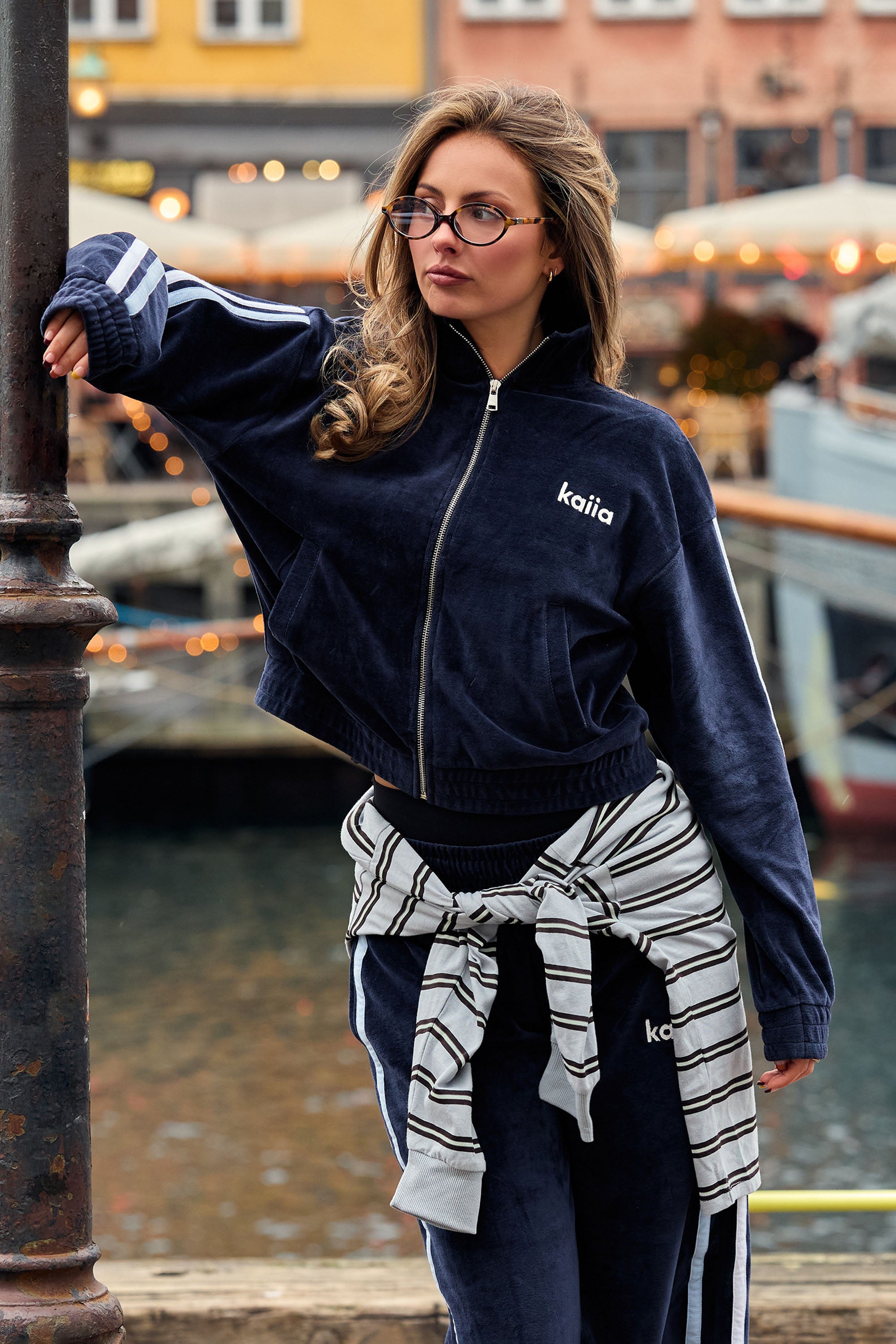 Kaiia Velour Side Stripe Funnel Neck Zip Through Cropped Sweatshirt Navy & Baby Blue