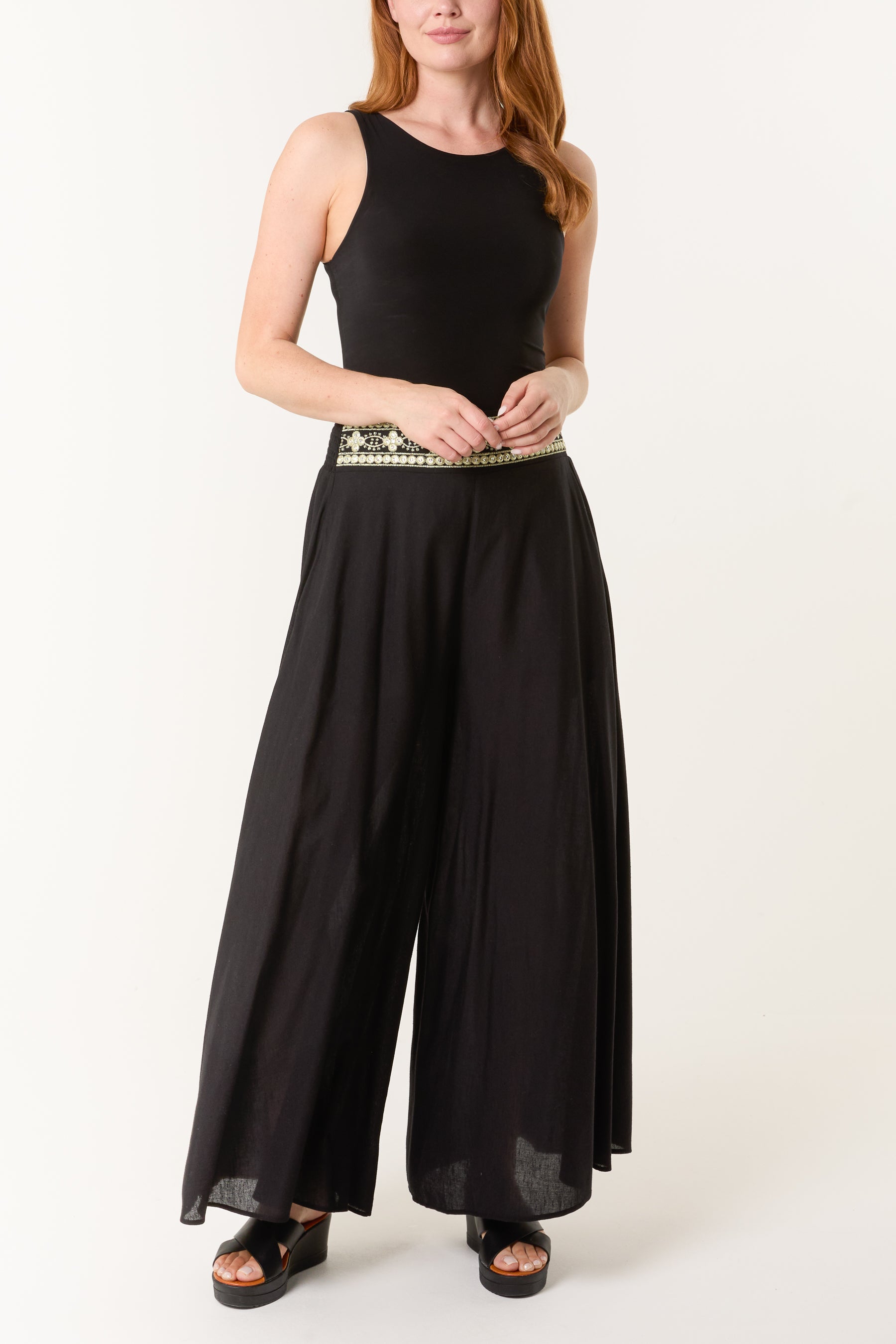 Wide Leg Embellished Linen Trousers – BLACK