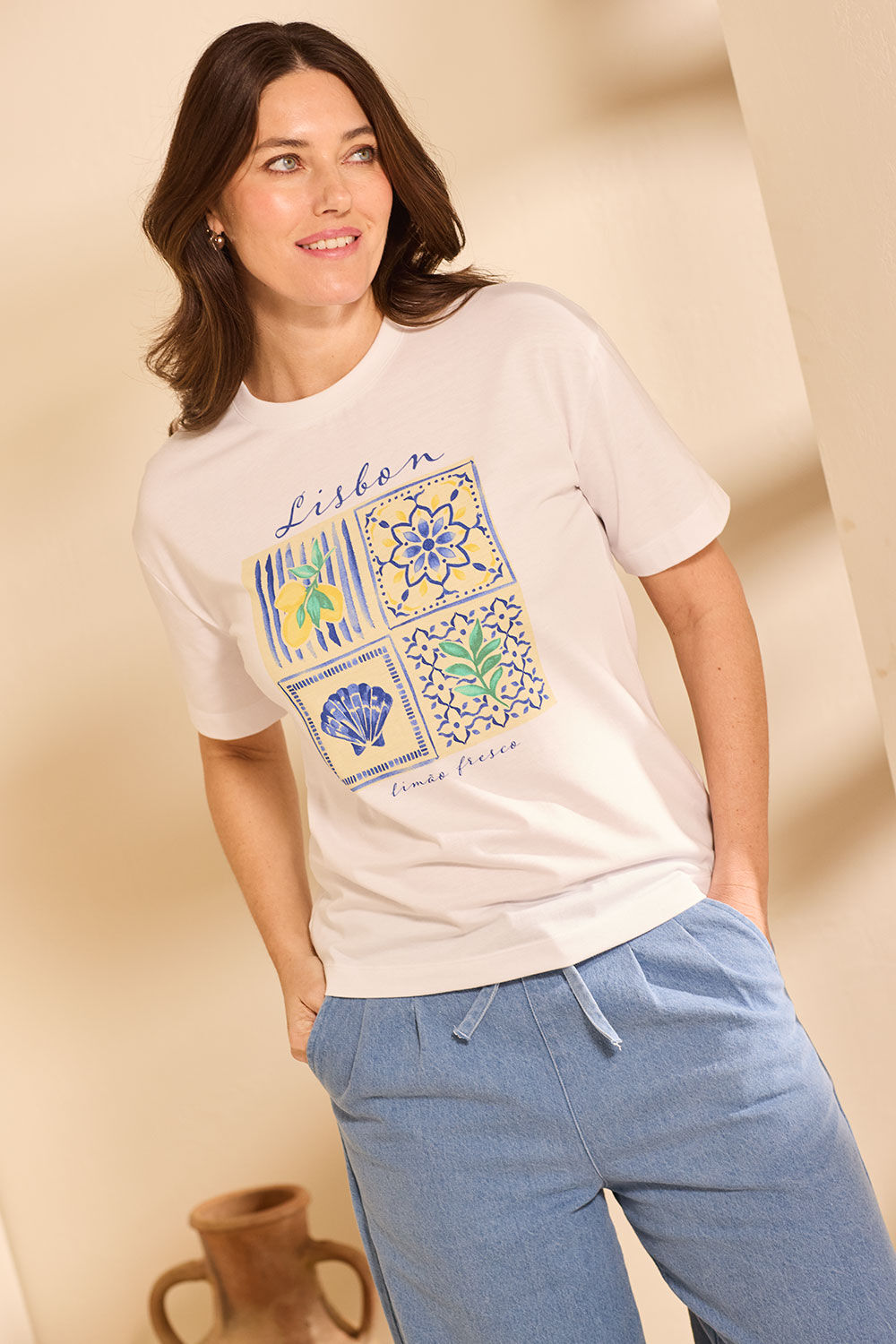 Bonmarche White Lisbon Tile Placement shirt, Size: