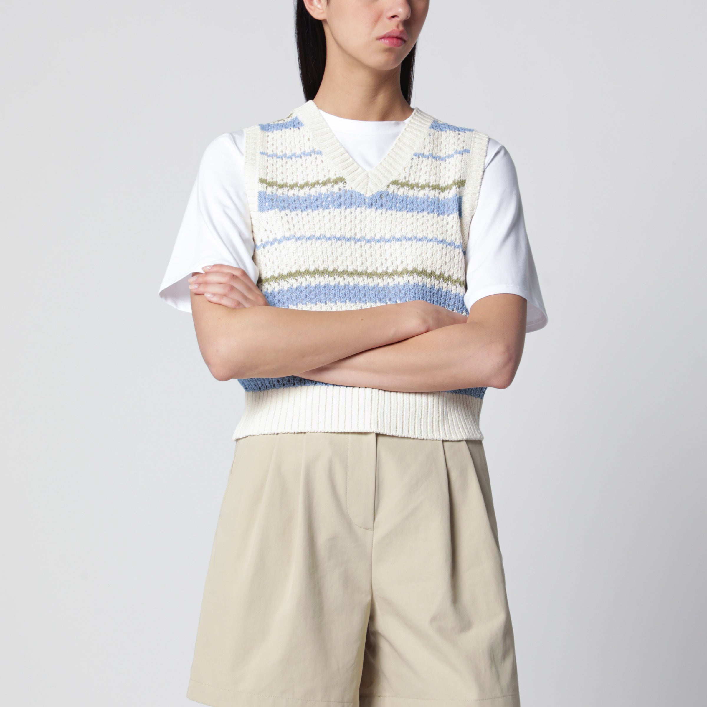 Ivorygreenlight blue striped crochet-effect vest