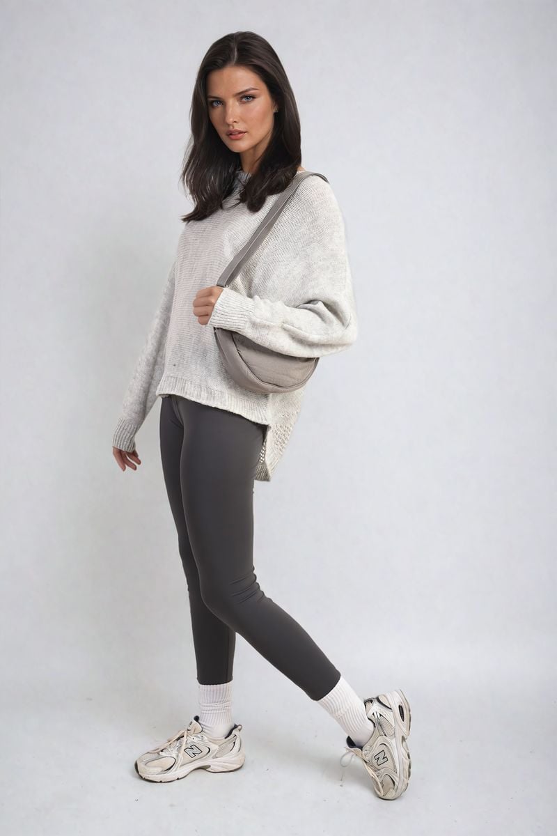 Crew Neck Back Patterned Knitted Jumper – grey One Size
