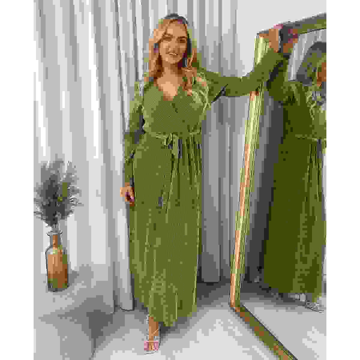 Elegant V Neck Tie Waist Glittery Maxi Dress – Gold ONE SIZE –