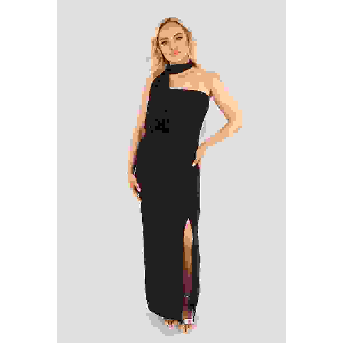 High Slit Draped Scarf Maxi Dress – Black ML