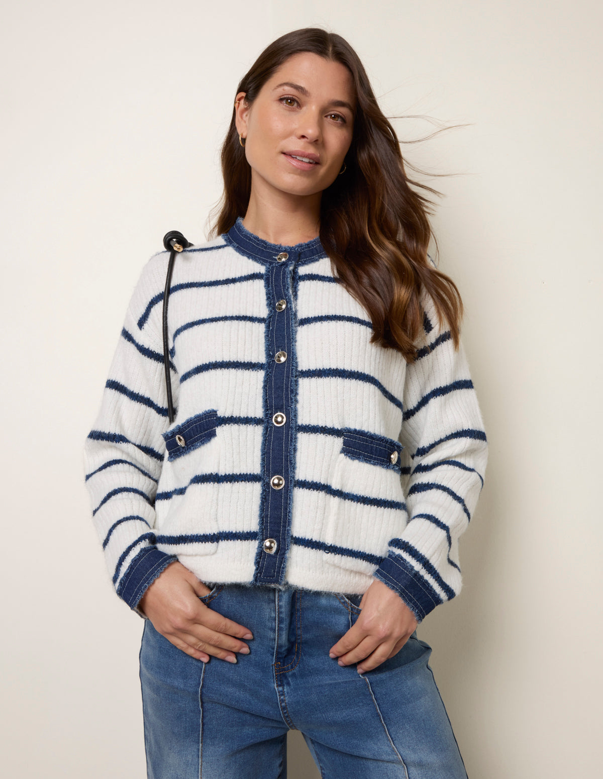 Stripe & Denim Cardigan – SM IVORYNAVY