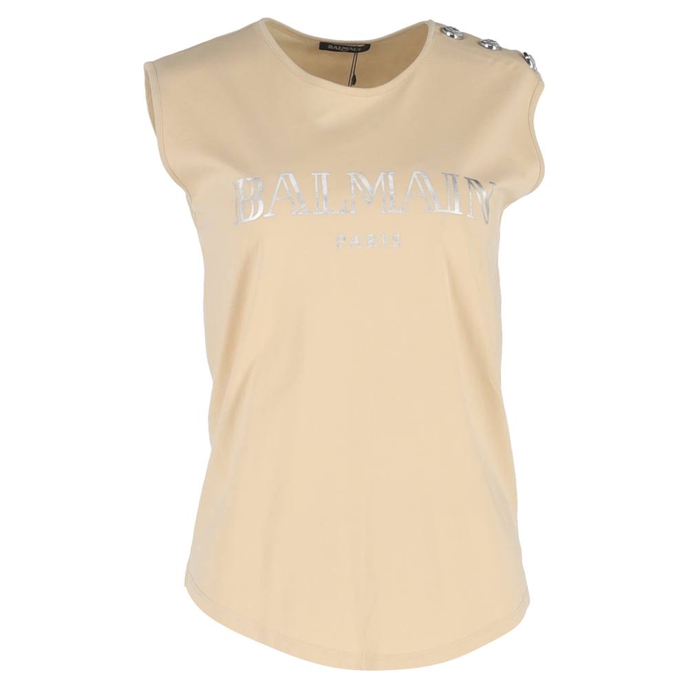 Balmain Preloved Logo-Print Tank Top In Beige Cotton