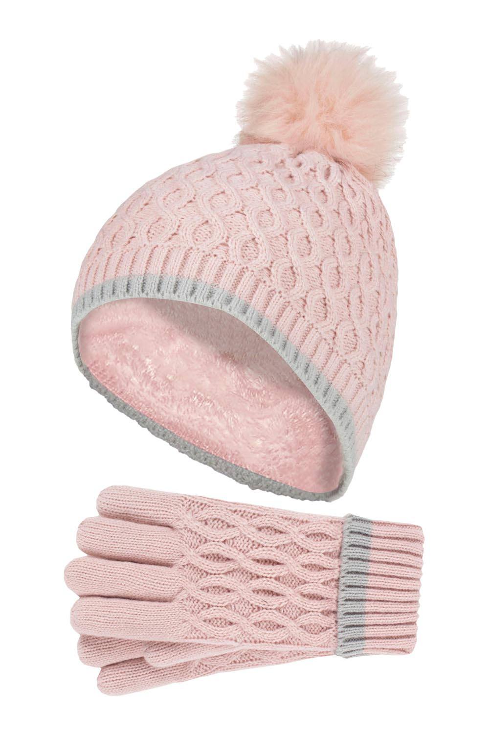 Heat Holders Thermal Insulated Pom Pom Bobble Beanie Hat & Gloves In Pink