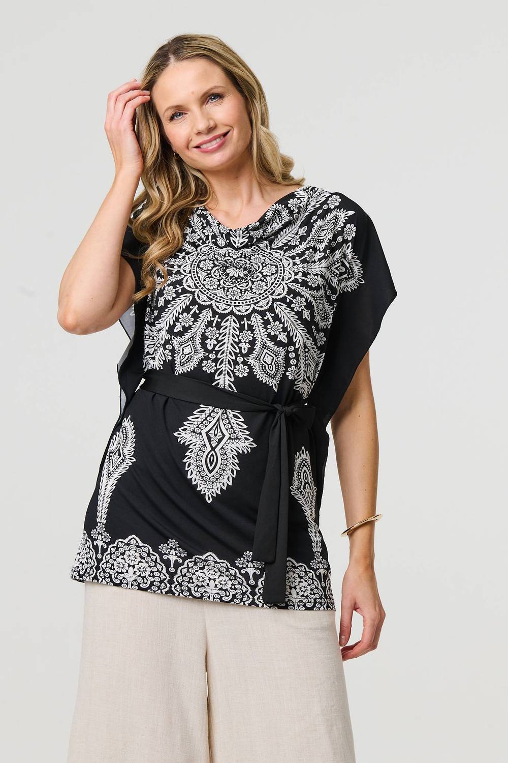 Izabel London Paisley Print Tie Waist Kimono Blouse Top In Black