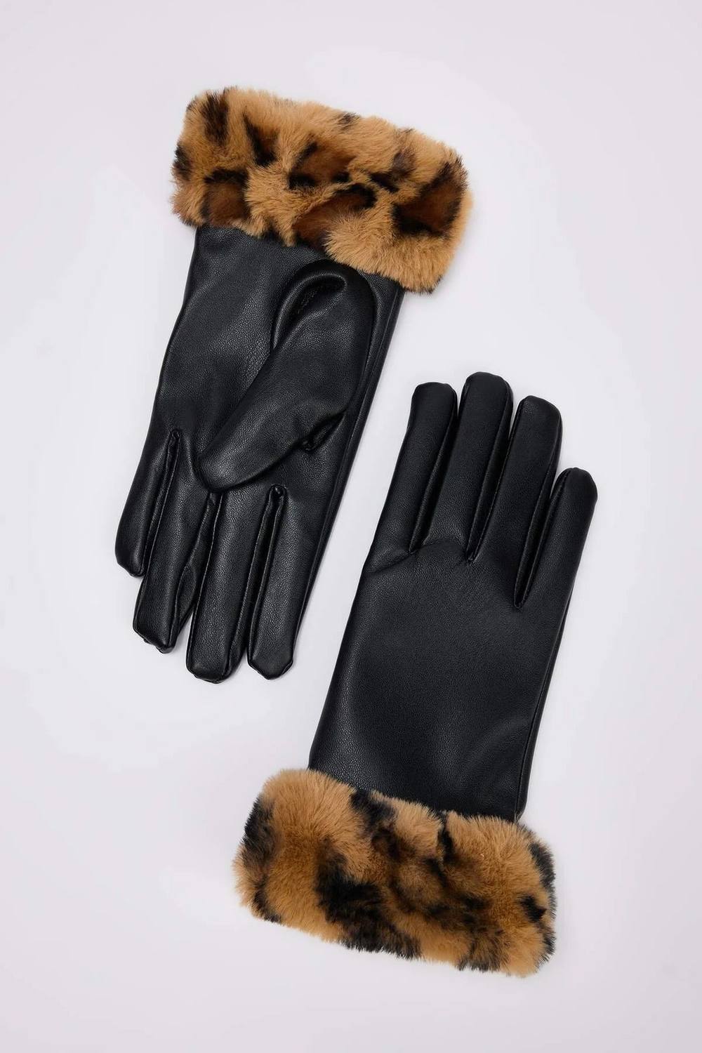 Wovcor Leopard Faux Fur Cuff Faux Leather Winter Gloves In Black