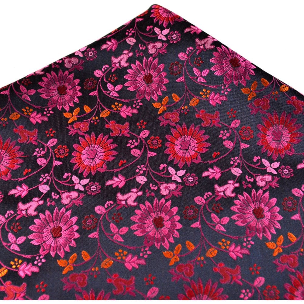 Navy Blue, Pink, Red & Orange Floral Pattern Pocket Square Handkerchief
