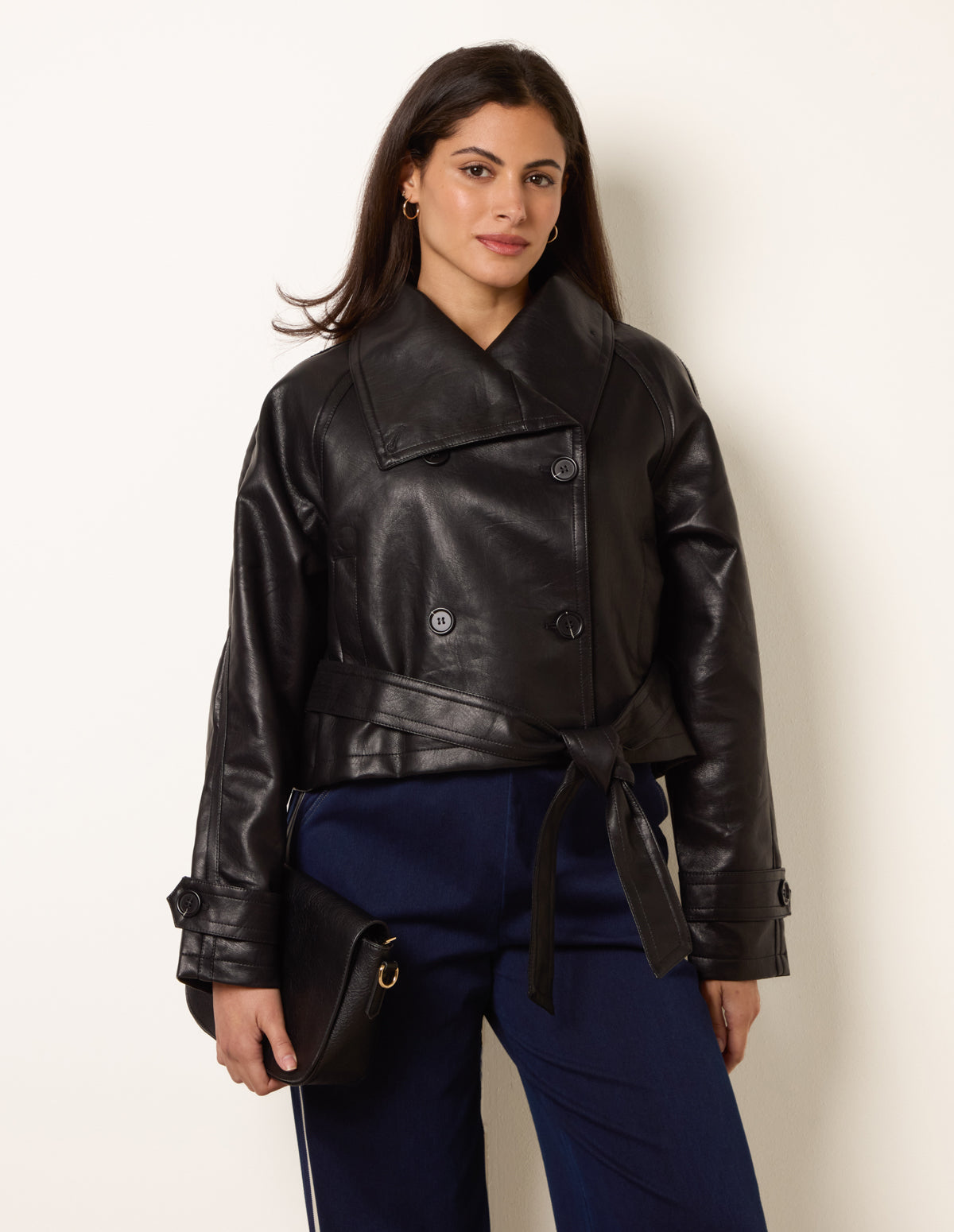 Double Breasted Leather Look Jacket – M BLACK