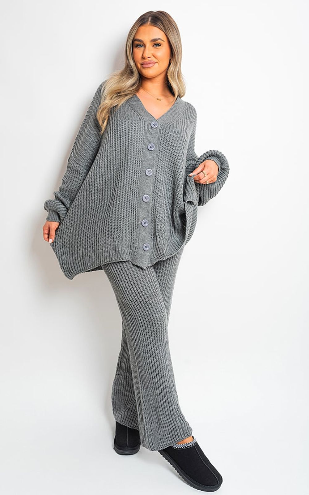 Chunky Knitted Button Up Cardigan Wide Leg Trousers Co-ord Set – ML Grey