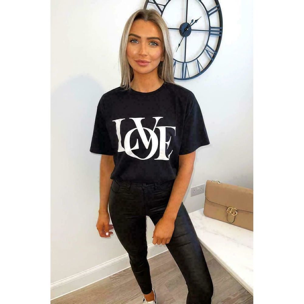 Ladies Oversized Love Print Slogan Short Sleeves T Shirt Top – ML Black