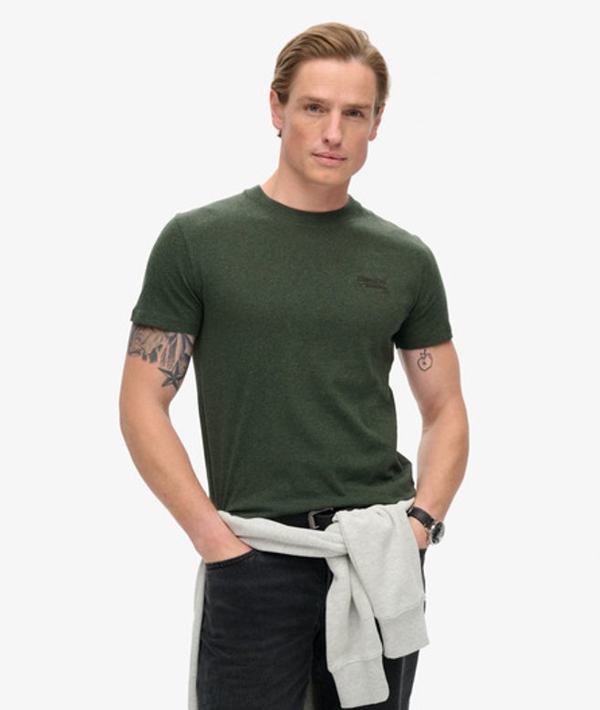 Superdry & Co Men’s Embroidered Organic Cotton Essential Logo Crew Neck Shirt, Green, Size: