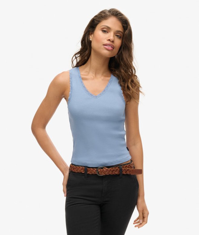 Superdry & Co Ladies Slim Fit Lace Trim Athletic Essentials Vest Top, Blue, Size: –