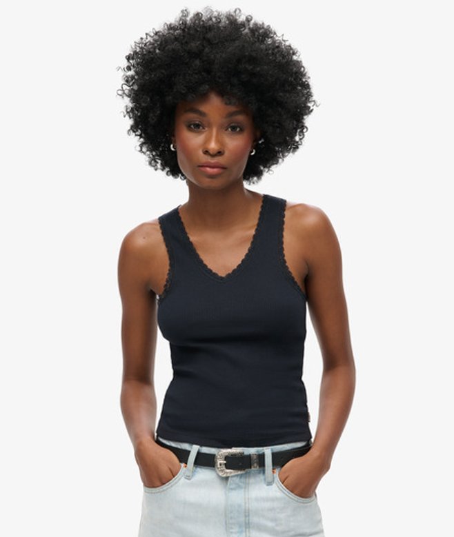 Superdry & Co Ladies Slim Fit Ribbed Athletic Essentials Lace Trim Vest Top, Navy Blue, Size: –