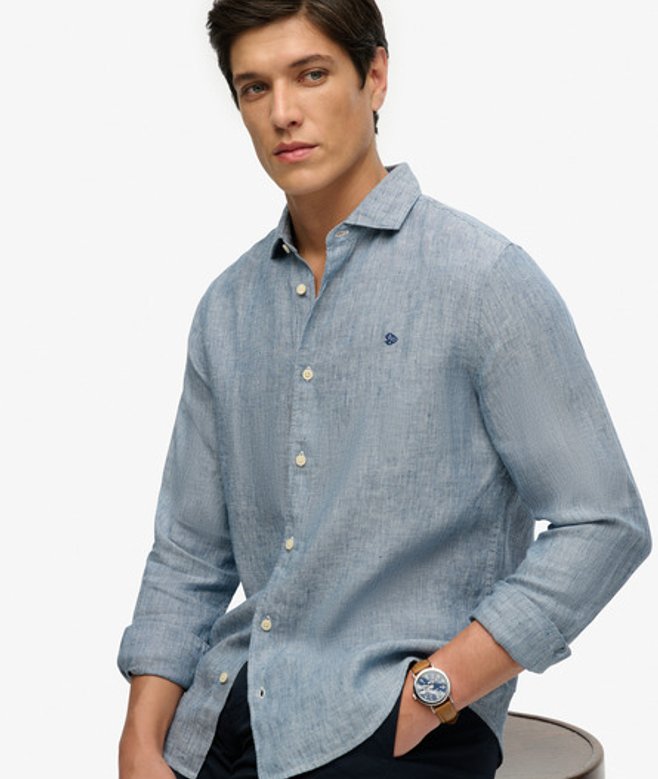 Superdry & Co Men’s Riviera Long Sleeve Linen Shirt Dark Blue Indigo Needle Stripe – Size: