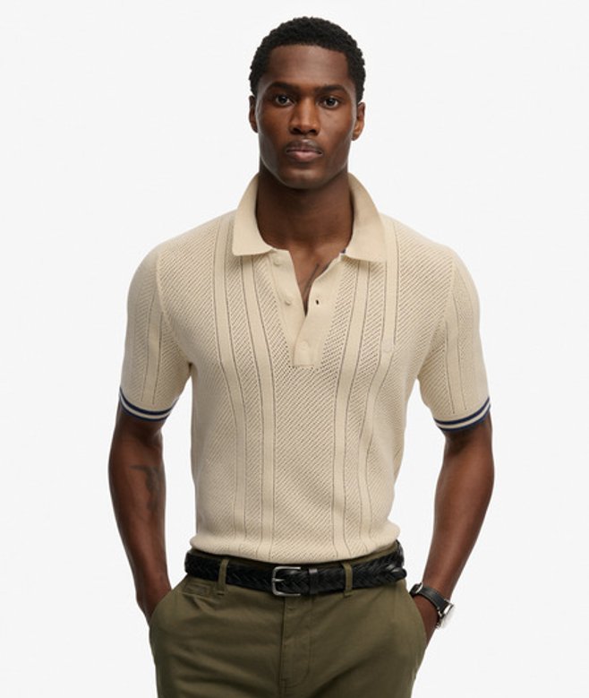 Superdry & Co Men’s Knitted Texture Short Sleeve Polo Shirt Cream Oatmeal Beige – Size:
