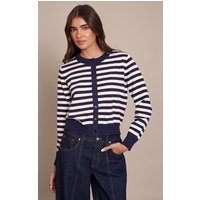 Navy Striped Button Up Compact Knit Cardigan Sweater