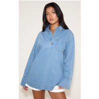 Mid Blue Oversized Denim Rugby Style Shirt, Mid Blue Wash