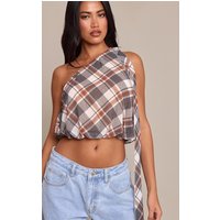 Brown Check Print Chiffon Scarf Detail Puffball