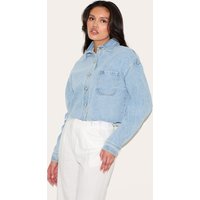 Light Blue Wash Raw Hem Cropped Denim Shirt