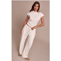 Cream Rib Knit Straight Leg Trousers