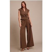 Chocolate Tailored Woven Tie Waist Wide Leg Jumpsuit